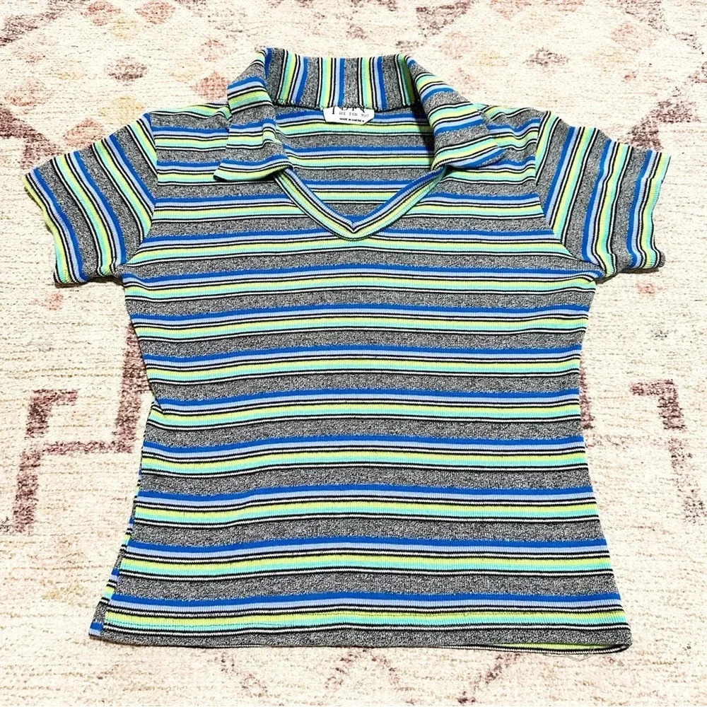 Vintage Y2K Blue gray and green striped collared polo shirt - Picture 3 of 10